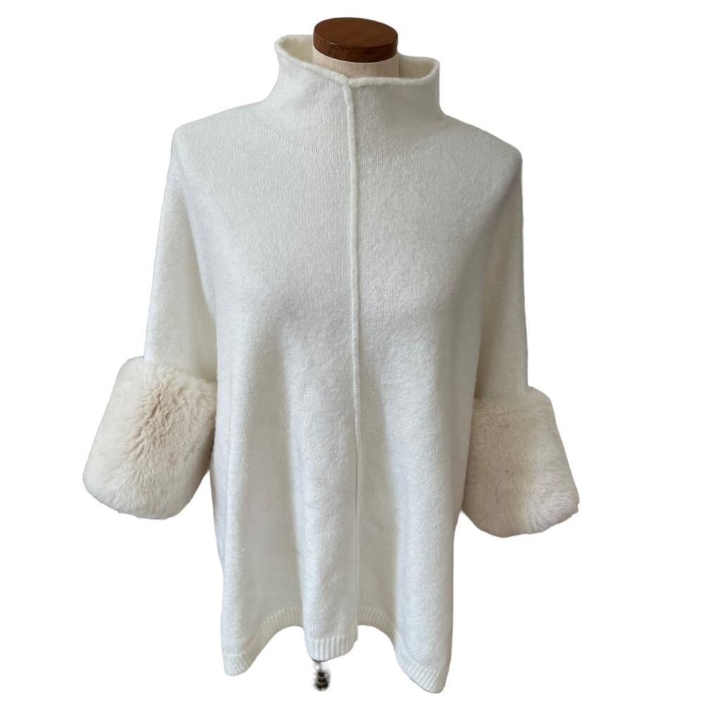 Ruby Rd White Fuzzy Faux Fur Trim High Neck Sweater
